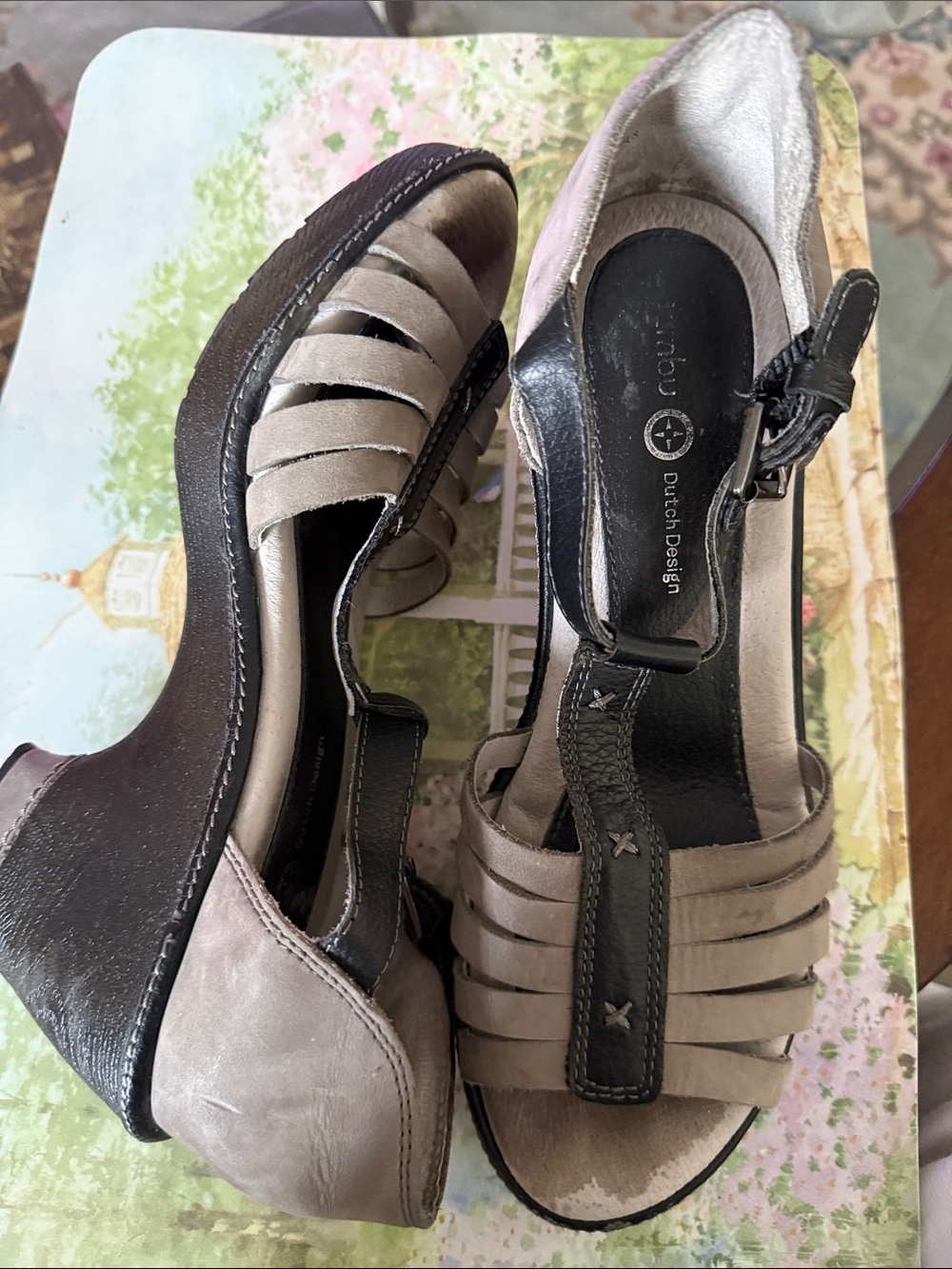 Jambu Taupe and Black Strappy Wedge Sandals